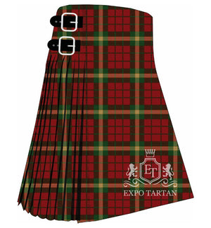 Men's Claus of the North Pole Tartan Kilt showing traditional knife pleats and black leather side straps in a vibrant red and forest green sett, intricately intersected by golden-yellow overcheck
