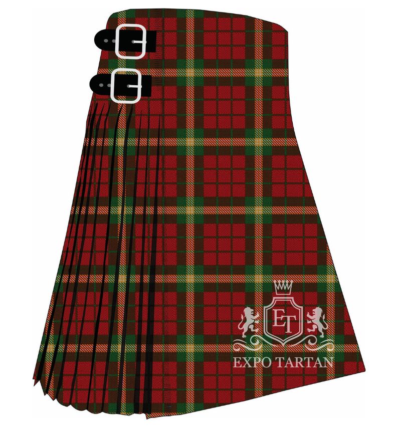 Men's Claus of the North Pole Tartan Kilt showing traditional knife pleats and black leather side straps in a vibrant red and forest green sett, intricately intersected by golden-yellow overcheck