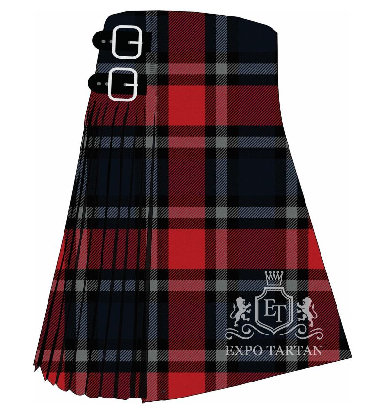 Men's Clergy Red Tartan Kilt showing traditional knife pleats and black leather side straps in a red and navy sett, intricately intersected by heavy black bands and light grey overchecks.