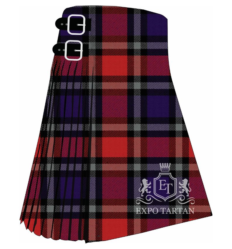 Men's Clergy Red Ancient Tartan Kilt showing traditional knife pleats and black leather side straps in a red and purple sett, intricately intersected by heavy black bands and light grey overchecks