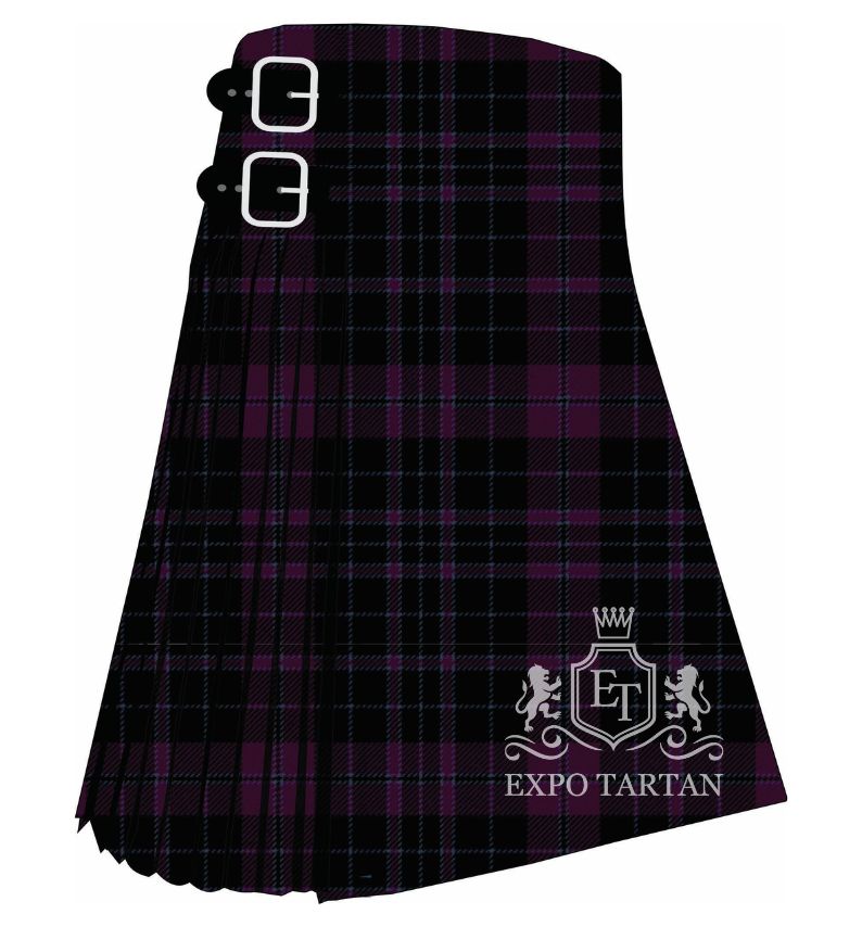 Men's Clergy Wilson's Tartan Kilt showing traditional knife pleats and black leather side straps in a deep black and purple sett, intricately intersected by subtle tonal overchecks