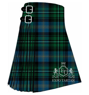 Men's Clergy of Ulva Ancient Tartan Kilt showing traditional knife pleats and black leather side straps in an ancient green and blue sett, intricately intersected by heavy black bands and pale yellow overcheck