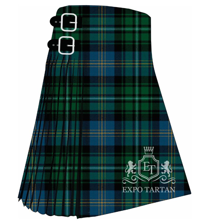 Men's Clergy of Ulva Ancient Tartan Kilt showing traditional knife pleats and black leather side straps in an ancient green and blue sett, intricately intersected by heavy black bands and pale yellow overcheck