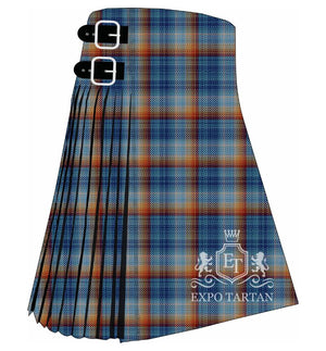 Men's Climate Stripes Tartan Kilt showing traditional knife pleats and black leather side straps in a blue gradient sett, intricately intersected by warm orange and rust red bands