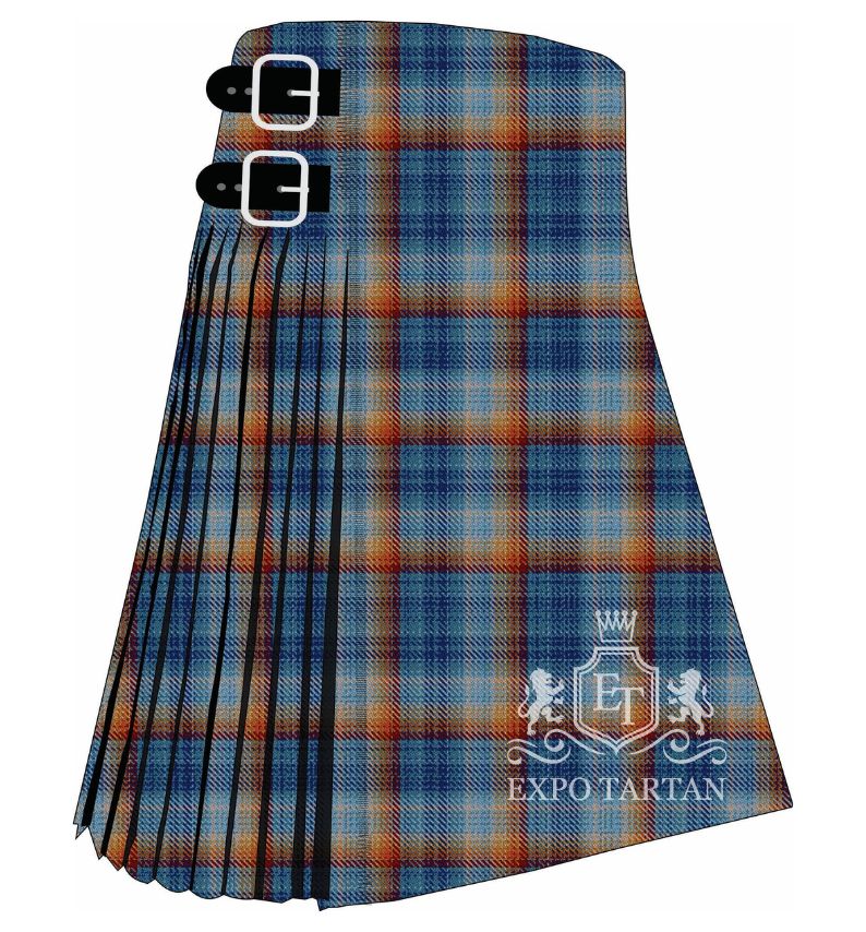 Men's Climate Stripes Tartan Kilt showing traditional knife pleats and black leather side straps in a blue gradient sett, intricately intersected by warm orange and rust red bands
