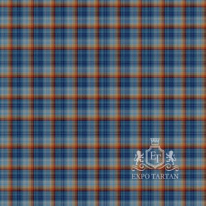 Men's Climate Stripes Swatch showing a blue gradient sett, intricately intersected by warm orange and rust red band