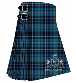 Men's Club Kilt Du Pays De Lorient Tartan Kilt showing traditional knife pleats and black leather side straps in a blue and navy sett, intricately intersected by light blue, yellow, and red overchecks
