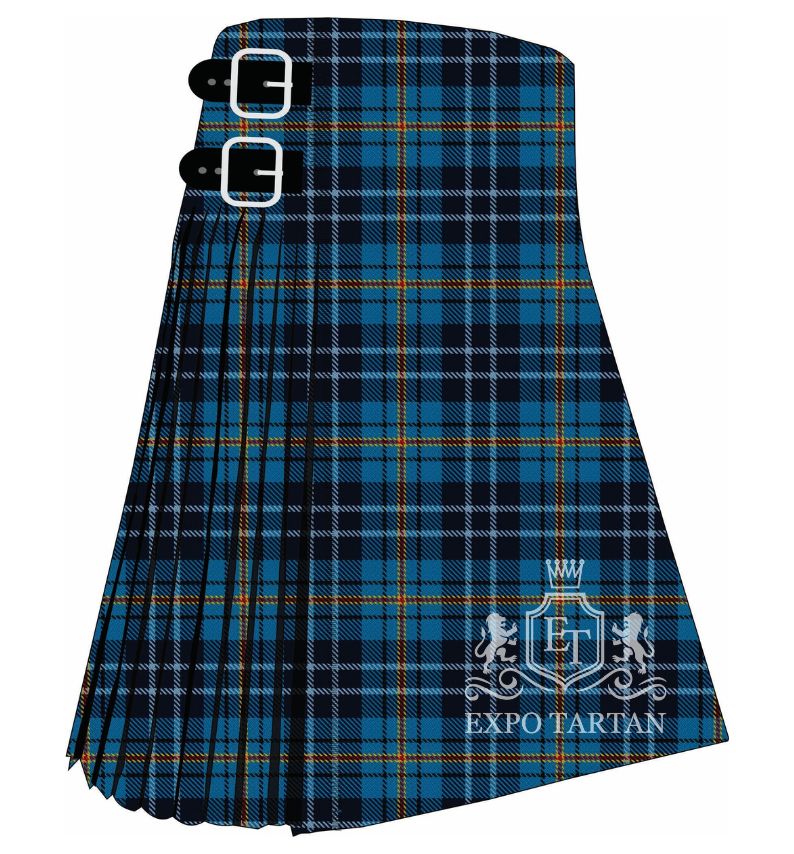 Men's Club Kilt Du Pays De Lorient Tartan Kilt showing traditional knife pleats and black leather side straps in a blue and navy sett, intricately intersected by light blue, yellow, and red overchecks