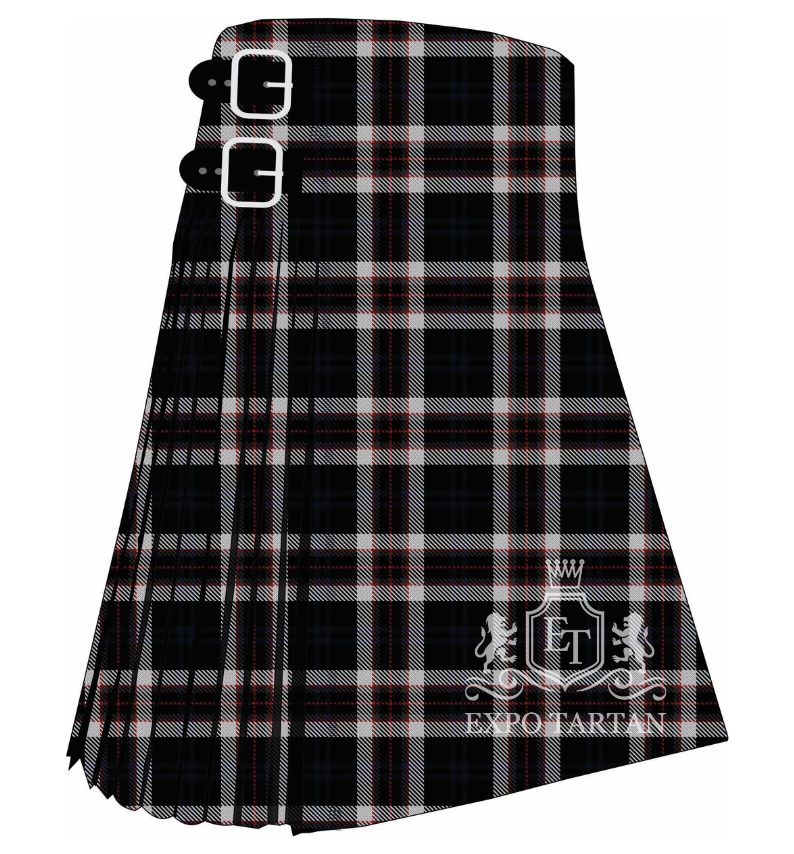 Men's Coal Miners Tartan Kilt showing traditional knife pleats and black leather side straps in a solid black sett, intricately intersected by white bands and fine red overchecks