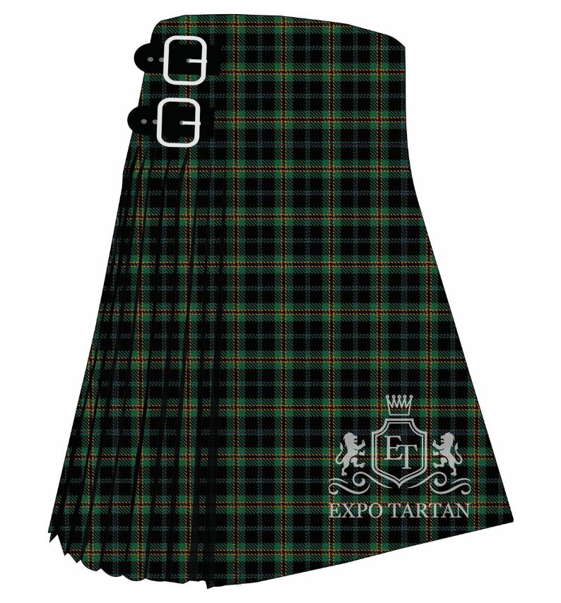 Men's Coalfields Regeneration Trust Tartan Kilt showing traditional knife pleats and black leather side straps in a solid black and dark green sett, intricately intersected by fine red and yellow overchecks