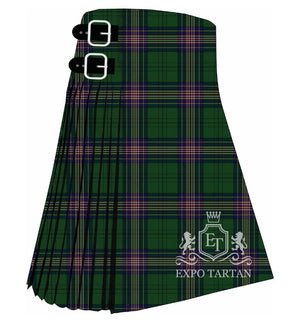 Men's Coigach Tartan Kilt showing traditional knife pleats and black leather side straps in a green and purple sett, intricately intersected by fine pink and yellow overcheck