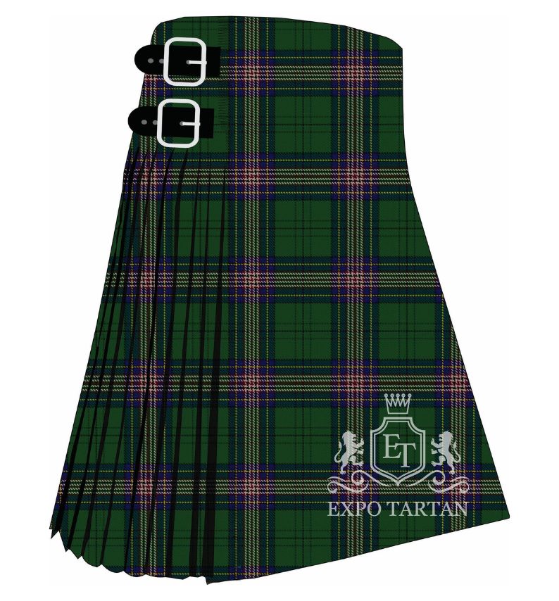 Men's Coigach Tartan Kilt showing traditional knife pleats and black leather side straps in a green and purple sett, intricately intersected by fine pink and yellow overcheck