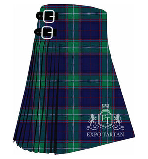 Men's Coldstream Tartan Kilt showing traditional knife pleats and black leather side straps in a navy and green sett, intricately intersected by red and light blue overchecks