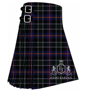 Men's Colorado Tartan Day Society Tartan Kilt showing traditional knife pleats and black leather side straps in a black and navy sett, intricately intersected by white, red, and yellow overchecks