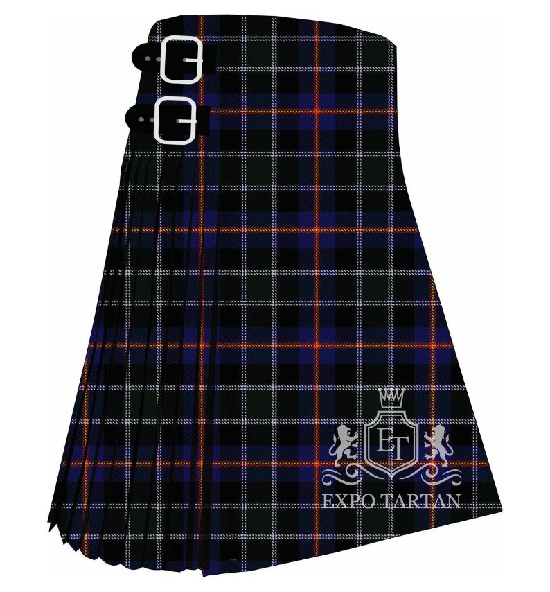 Men's Colorado Tartan Day Society Tartan Kilt showing traditional knife pleats and black leather side straps in a black and navy sett, intricately intersected by white, red, and yellow overchecks