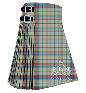 Men's Compatriots Spirit of Peace Tartan Kilt showing traditional knife pleats and black leather side straps in a light beige sett, intricately intersected by bright blue and red bands