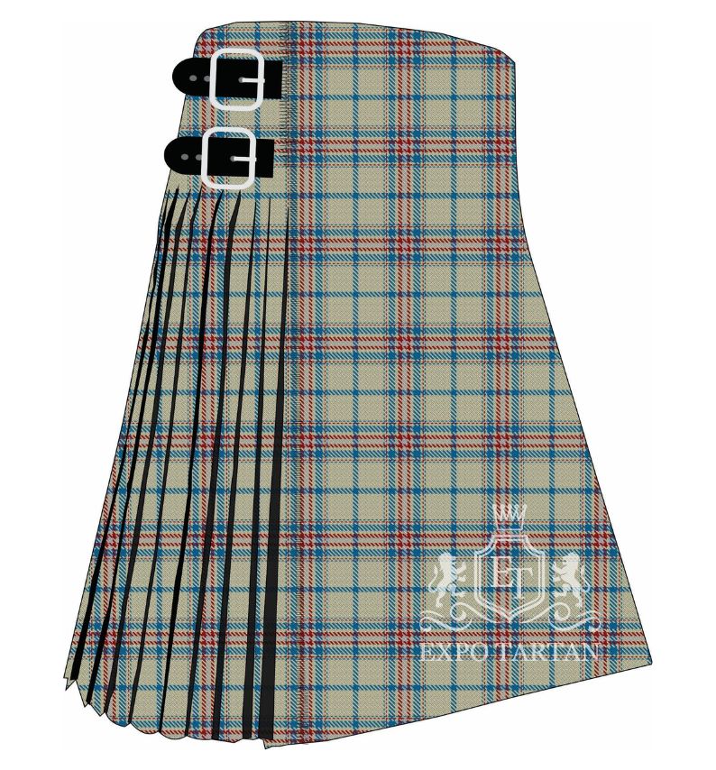 Men's Compatriots Spirit of Peace Tartan Kilt showing traditional knife pleats and black leather side straps in a light beige sett, intricately intersected by bright blue and red bands