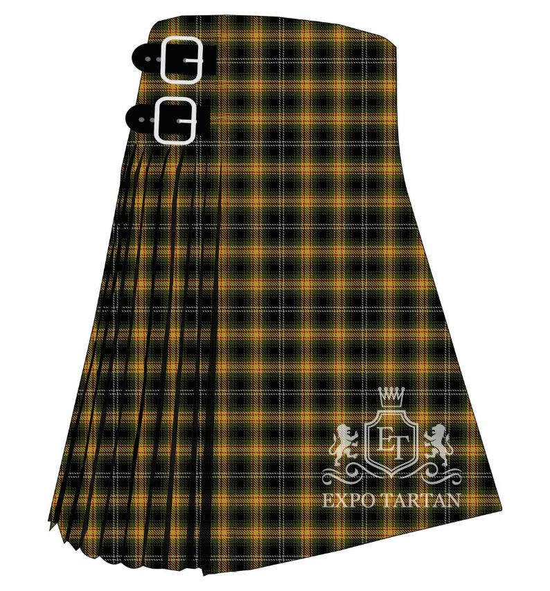 Men's Confessore Tartan Kilt showing traditional knife pleats and black leather side straps in a green and black sett, intricately intersected by bold golden-yellow bands and fine white overchecks