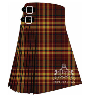 Men's Confrerie de Vouvray Tartan Kilt showing traditional knife pleats and black leather side straps in a rust red and golden-yellow sett, intricately intersected by dark navy bands and bright red overchecks