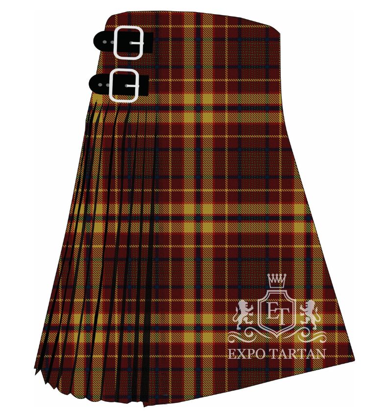 Men's Confrerie de Vouvray Tartan Kilt showing traditional knife pleats and black leather side straps in a rust red and golden-yellow sett, intricately intersected by dark navy bands and bright red overchecks