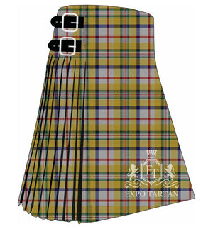 Men's Contrecoeur Dress Tartan Kilt showing traditional knife pleats and black leather side straps in a yellow and grey sett, intricately intersected by red, blue, and green overchecks.