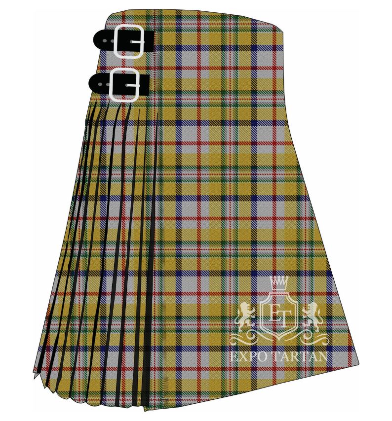 Men's Contrecoeur Dress Tartan Kilt showing traditional knife pleats and black leather side straps in a yellow and grey sett, intricately intersected by red, blue, and green overchecks.