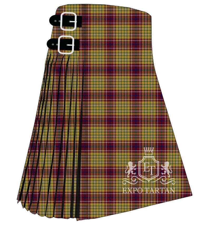 Men's Contrecoeur Tartan Kilt showing traditional knife pleats and black leather side straps in a golden yellow and burgundy sett, intricately intersected by blue, green, and white overchecks