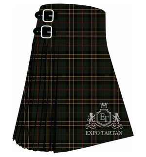 Men's Cornish Countryside Tartan Kilt showing traditional knife pleats and black leather side straps in a dark green and black sett, intricately intersected by golden yellow and fine red overchecks