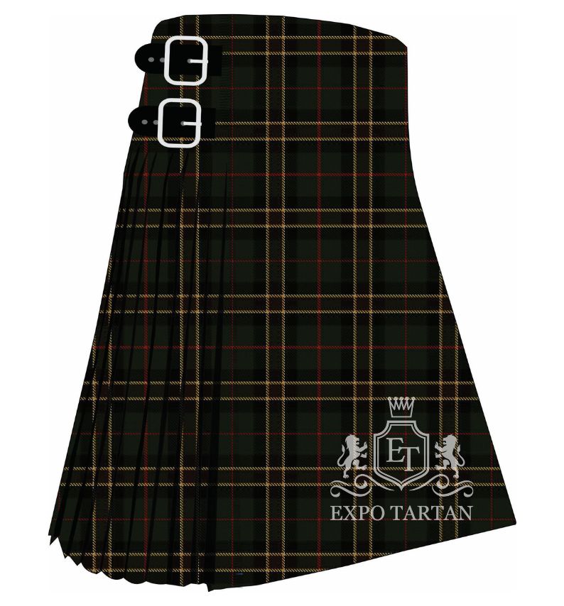 Men's Cornish Countryside Tartan Kilt showing traditional knife pleats and black leather side straps in a dark green and black sett, intricately intersected by golden yellow and fine red overchecks