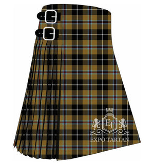 Men's Cornish Tartan Day Tartan Kilt showing traditional knife pleats and black leather side straps in a golden brown and black sett, intricately intersected by light blue, red, and white overchecks