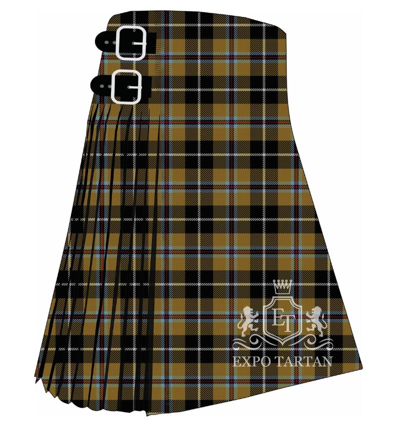 Men's Cornish Tartan Day Tartan Kilt showing traditional knife pleats and black leather side straps in a golden brown and black sett, intricately intersected by light blue, red, and white overchecks