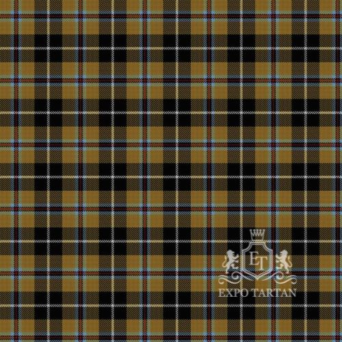 Men's Cornish Tartan Day Swatch showing a golden brown and black sett, intricately intersected by light blue, red, and white overchecks