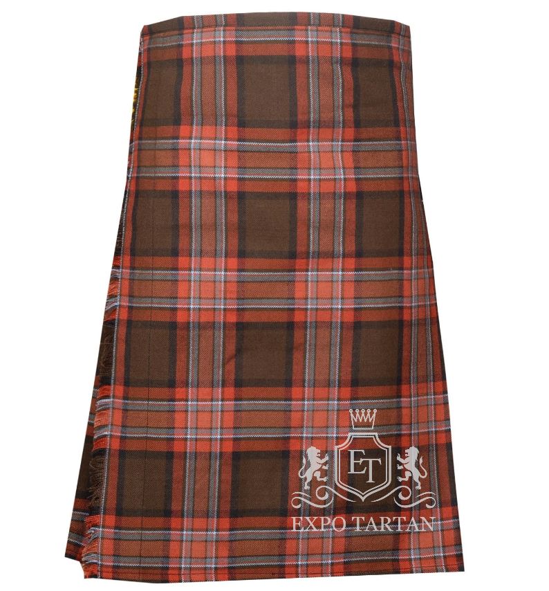 Men's County Down Tartan Kilt showing traditional knife pleats and black leather side straps in an earthy brown and orange sett, intricately intersected by dark bands with light blue and white overcheck