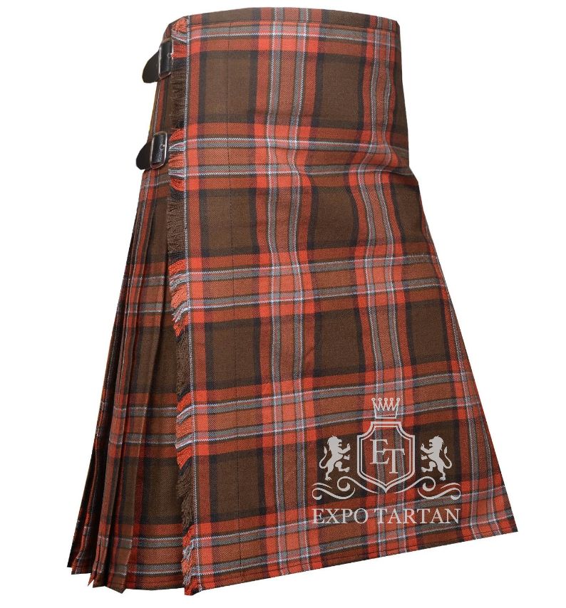 Men's County Down Tartan Kilt showing traditional knife pleats and black leather side straps in an earthy brown and orange sett, intricately intersected by dark bands with light blue and white overcheck