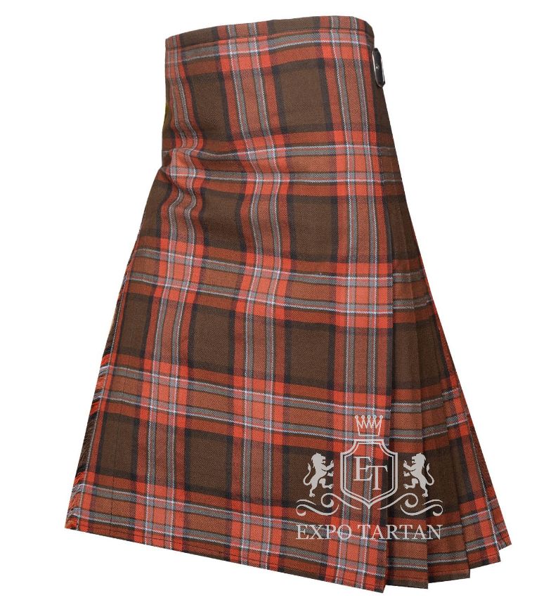 Men's County Down Tartan Kilt showing traditional knife pleats and black leather side straps in an earthy brown and orange sett, intricately intersected by dark bands with light blue and white overcheck