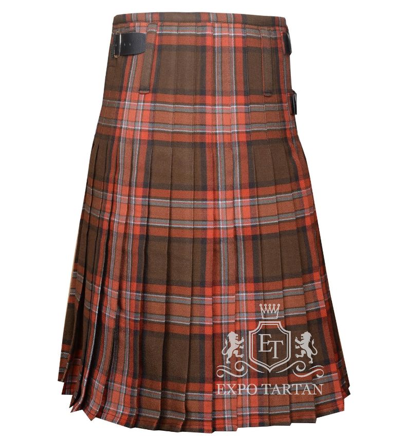 Men's County Down Tartan Kilt showing traditional knife pleats and black leather side straps in an earthy brown and orange sett, intricately intersected by dark bands with light blue and white overcheck