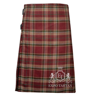 Men's County Tyrone Tartan Kilt showing traditional knife pleats and black leather side straps in a red and tan sett, intricately intersected by vibrant green and crisp white overchecks