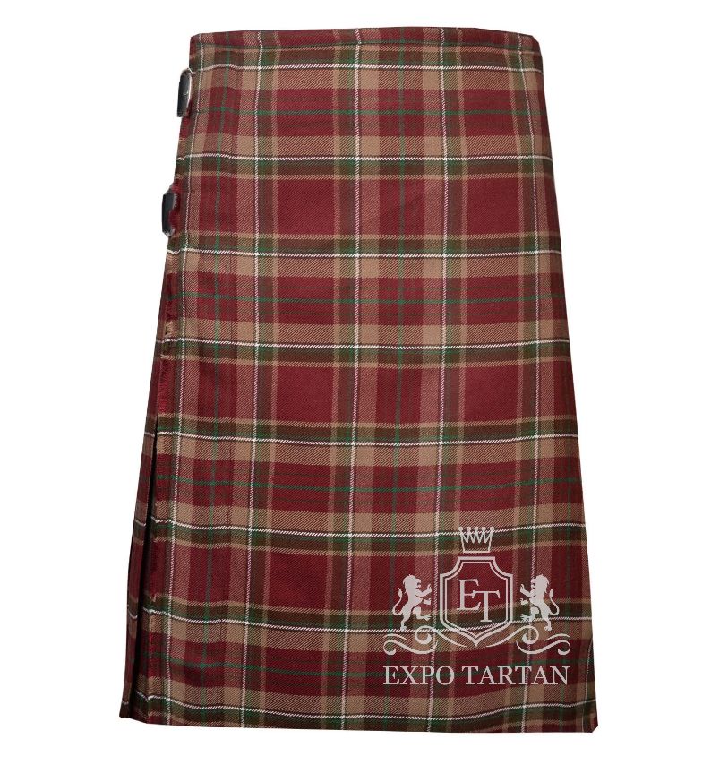 Men's County Tyrone Tartan Kilt showing traditional knife pleats and black leather side straps in a red and tan sett, intricately intersected by vibrant green and crisp white overchecks