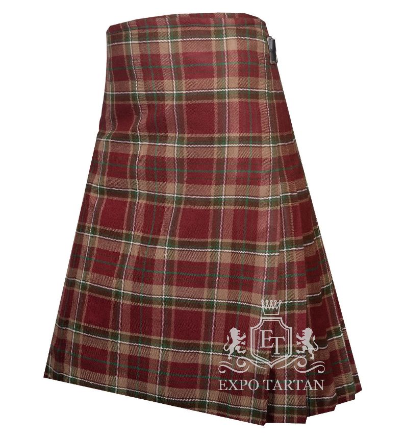 Men's County Tyrone Tartan Kilt showing traditional knife pleats and black leather side straps in a red and tan sett, intricately intersected by vibrant green and crisp white overchecks