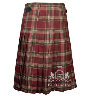 Men's County Tyrone Tartan Kilt showing traditional knife pleats and black leather side straps in a red and tan sett, intricately intersected by vibrant green and crisp white overchecks