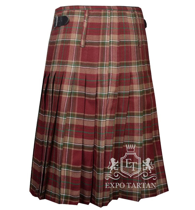 Men's County Tyrone Tartan Kilt showing traditional knife pleats and black leather side straps in a red and tan sett, intricately intersected by vibrant green and crisp white overchecks