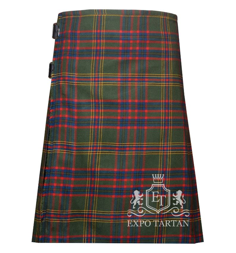 Men's County Westmeath Tartan Kilt showing traditional knife pleats and black leather side straps in a forest green sett, intricately intersected by deep red and navy blue bands with bright yellow overchecks