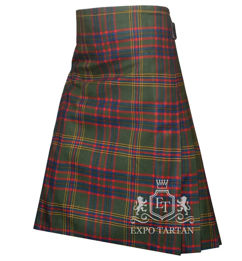 Men's County Westmeath Tartan Kilt showing traditional knife pleats and black leather side straps in a forest green sett, intricately intersected by deep red and navy blue bands with bright yellow overchecks