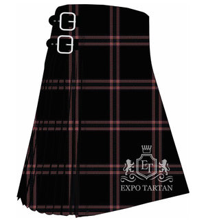 Men's Covass Tartan Kilt showing traditional knife pleats and black leather side straps in a solid black sett, intricately intersected by pale pink and grey overcheck