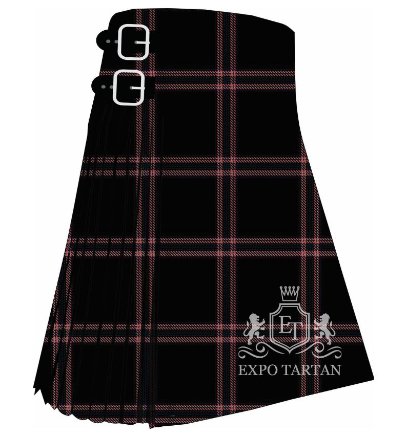 Men's Covass Tartan Kilt showing traditional knife pleats and black leather side straps in a solid black sett, intricately intersected by pale pink and grey overcheck