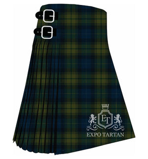 Men's Cowal Highland Gathering Tartan Kilt showing traditional knife pleats and black leather side straps in a navy and olive green sett, intricately intersected by dark structural bands.