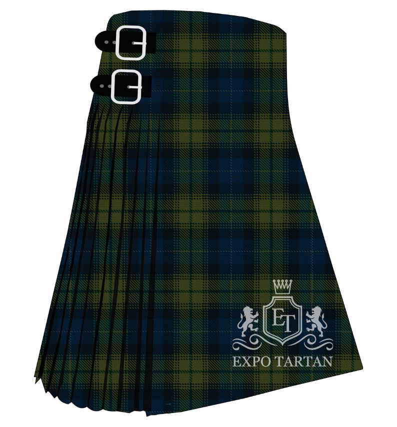Men's Cowal Highland Gathering Tartan Kilt showing traditional knife pleats and black leather side straps in a navy and olive green sett, intricately intersected by dark structural bands.