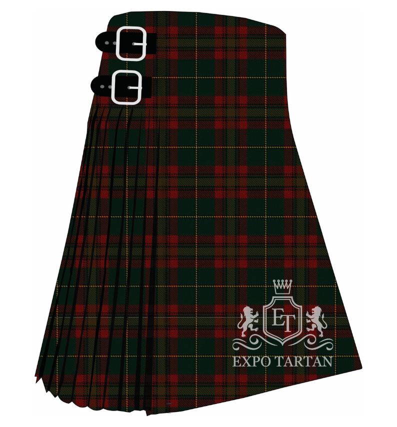 Men's Cozumel Tartan Kilt showing traditional knife pleats and black leather side straps in a dark green and red sett, intricately intersected by golden-yellow overchecks