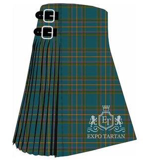 Men's Craven County Tartan Kilt showing traditional knife pleats and black leather side straps in a deep teal sett, intricately intersected by olive green bands, purple lines, and golden-yellow overchecks