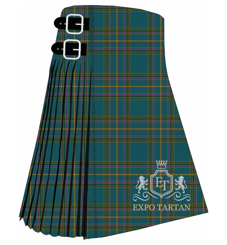 Men's Craven County Tartan Kilt showing traditional knife pleats and black leather side straps in a deep teal sett, intricately intersected by olive green bands, purple lines, and golden-yellow overchecks